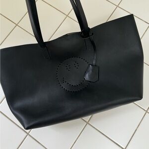 Anya Hindmarch Black Leather Lasercut Smiley Face Tote Bag